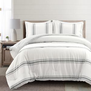Lush Decor Farmhouse Stripe Reversible Cotton Comforter Set - 3 Piece Cozy Pinstripe Bedding Set - Classic Modern Rustic Charm Bedroom Decor - King, Dark Gray