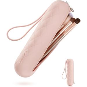 BAGSMART Makeup Brush Holder Bag, Travel Small Makeup Bag for Purse, Make Up Brush Bag Case Cosmetic Bag, Silicone Soft Portable Face Brushes Travel Essentials Organizer Holder, Pink