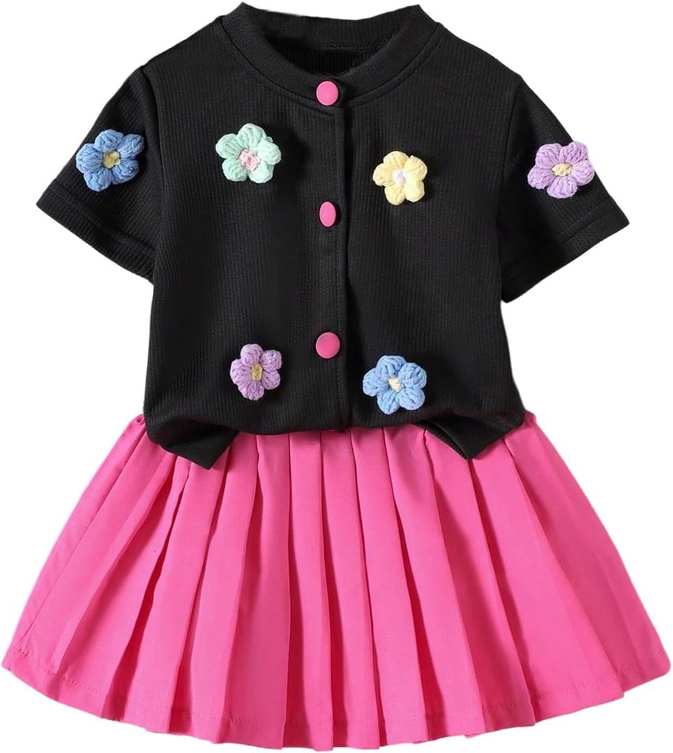 Girl's 2 Piece Summer Outfits Cute Floral Applique Short Sleeve Knitted Top and Pleated Skirt Set (Pink), 4Y