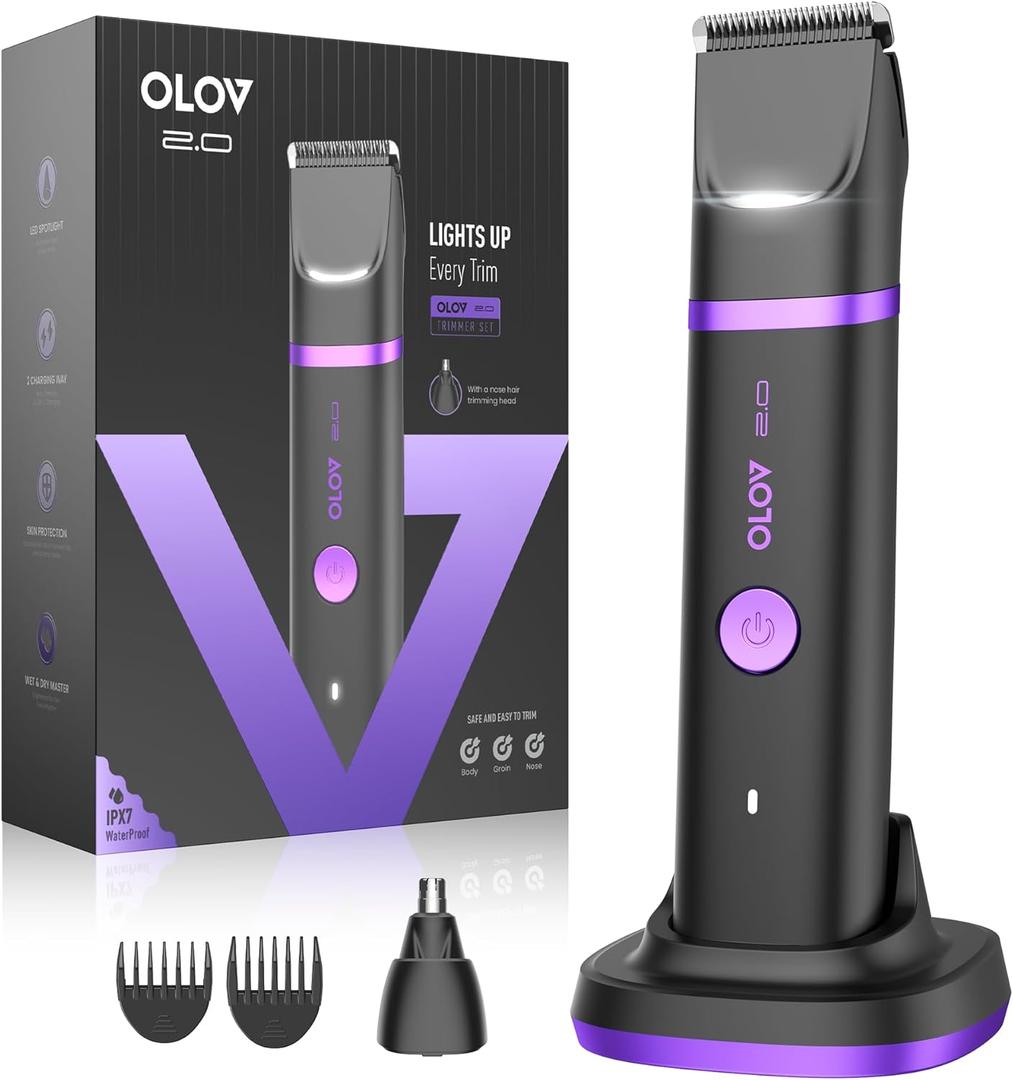 Groin & Body Hair Trimmer for Men - Electric Shaver for Pubic Hair, Chest, Legs - Ball Pubic Groomer, LED Light, Replaceable Ceramic Blade Heads, USB-C Recharge Dock, Waterproof Hygiene Razor, Purple