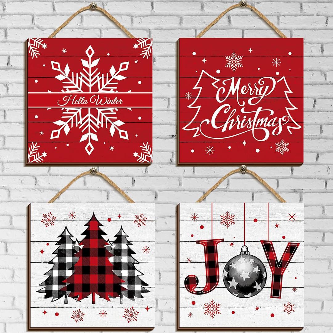 Beeveer 4 Pcs Merry Christmas Sign Buffalo Plaid Wood Wall Hanging Christmas Wooden Door Sign Farmhouse Plaque Tree Decorations Set Wall Pediments for Front Xmas Home Door Decor