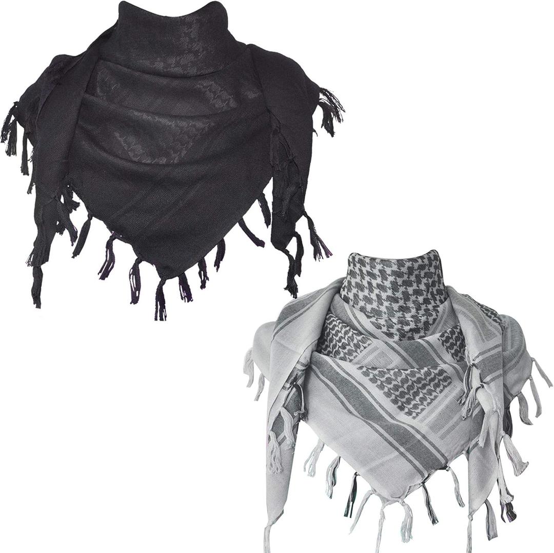 Explore Land Cotton Shemagh Keffiyeh Tactical Desert Scarf Neck Head Wrap with Tassel for Men Women (One Size, Black, Gray)
