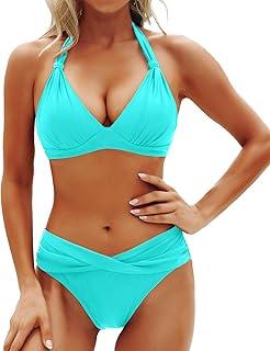 Yonique Women Two Piece Bathing Suits Push Up Bikini Set Halter Swimsuit Vintage Swimwear (Medium)