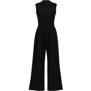 PRETTYGARDEN Womens Summer Jumpsuits Dressy Casual One Piece Outfits Sleeveless Mock Neck Wide Leg Pants Rompers with Pockets (Large, Black)