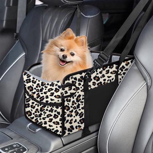 Portable Dog Car Seat for Small Dogs - Adjustable Safety Leash, Washable Cushion & Storage Pocket - Pet Booster Seat for Car Travel- Leopard