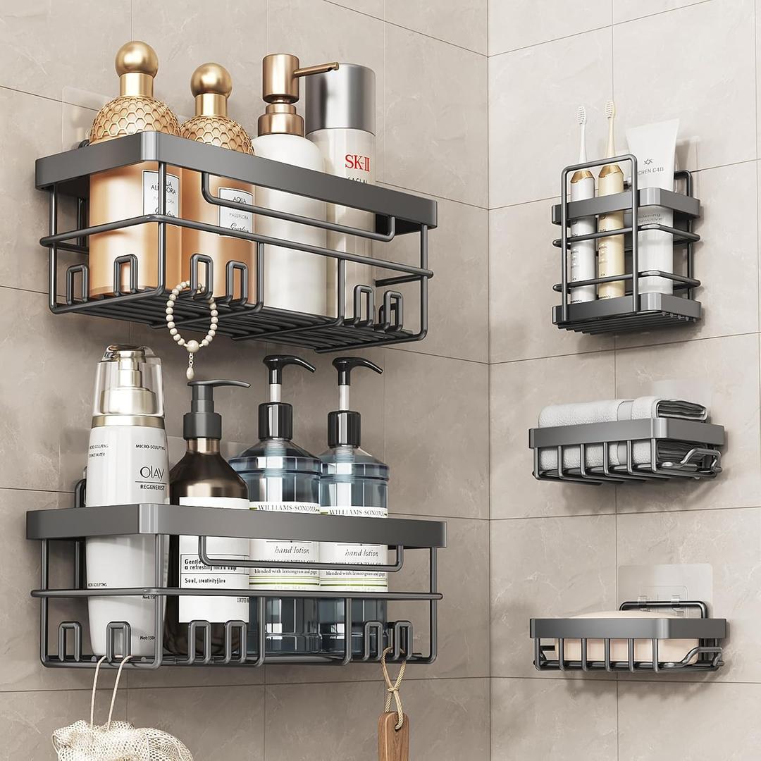 Cobbe Adhesive Shower Caddy 5-Pack, Large Wall Mounted Shower Shelves Rack, Organizer Storage Accessories with Soap Dish&Toothbrush Holder, Shelves for Bathroom Storage & Home Kitchen Decor, Gray (Grey)