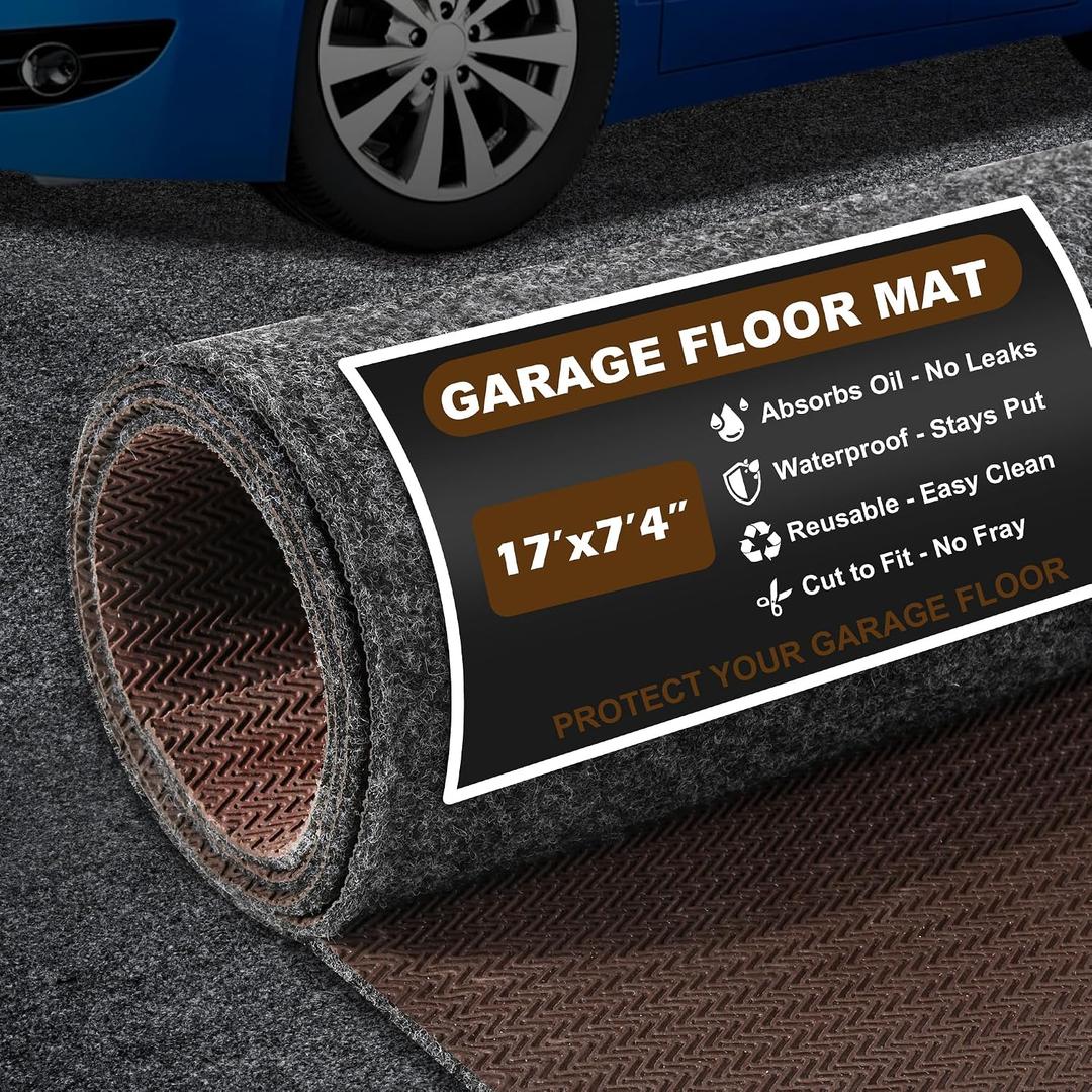 Non-Slip Garage Floor Mat, 17' x 7.4' Heavy Duty Under Car Parking Mat, Waterproof Oil Spill Containment Mat, Cuttable Reusable Garage Protector Mat for Concrete Floor