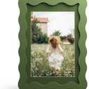 4x6 Picture Frame with Mat for 3.5x5, Wavy Edge Wooden Real Glass Photo Frame for Tabletop and Wall Hanging, Green, 1 Pack
