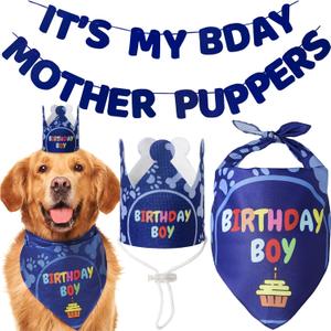 Dog Birthday Party Supplies - Bandana Set with Party Hat, Crown and Banner - 'It's My Birthday Mother Puppers' for Medium, Large Dogs
