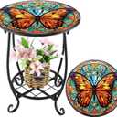 Outdoor Side Table Round Small Mosaic Patio Accent Indoor End Plant Metal Coffee Tea Table for Yard Porch Garden Patio Living Room, Bedroom(Butterfly B Style,14 Inch)