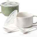 Ceramic Soup Bowls with Lids: 38 Ounce Extra Large Soup Mug with Handle & Spoon - Oversized Microwave Ramen Bowl Set of 2, 6 Inch, Green & White