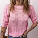 Dokotoo Women's Casual Short Sleeve Loose Tunic Tops Lightweight Crochet Knit Summer Sweaters Blouses (Pink, XL)