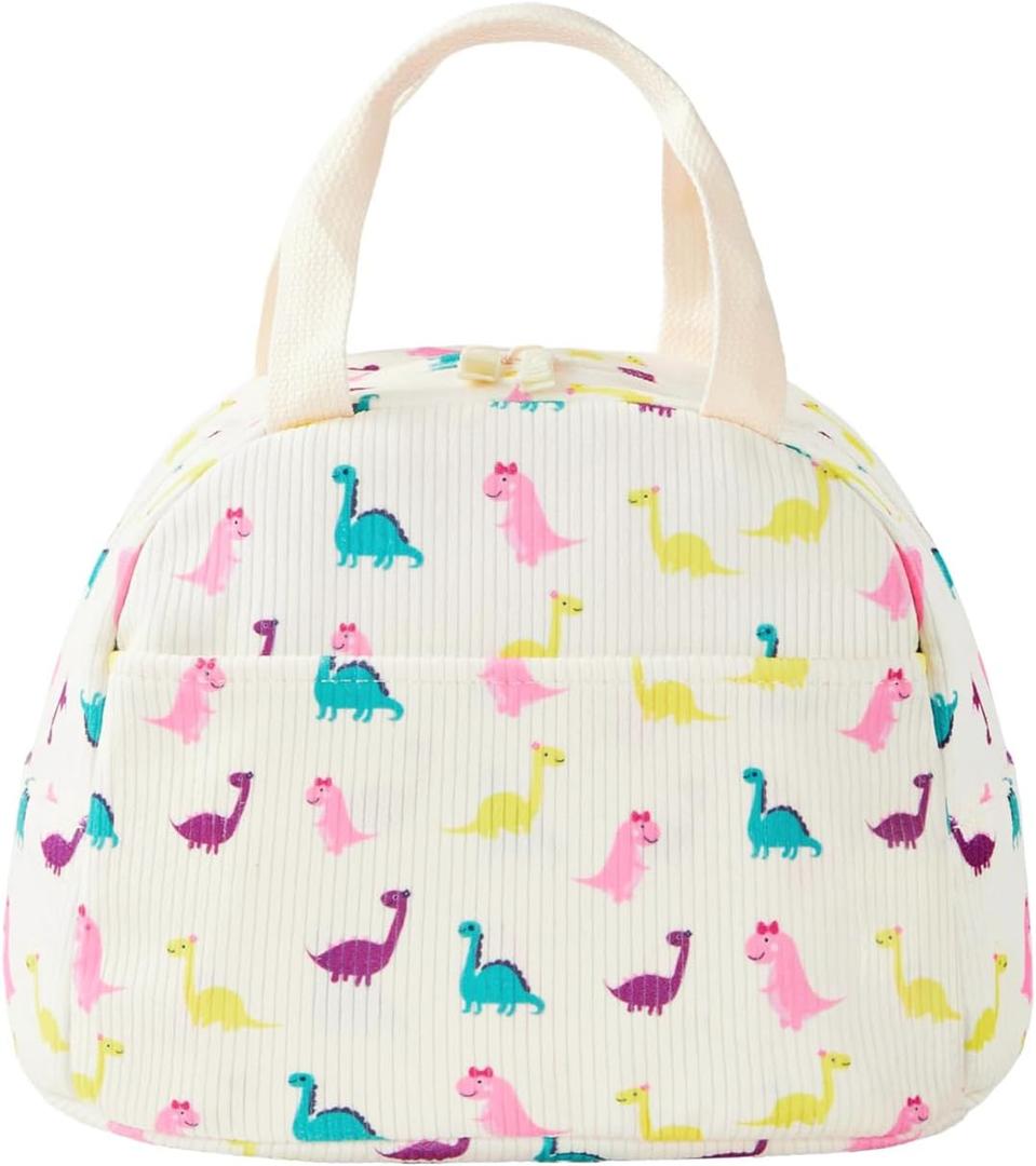 Cute Corduroy Insulated Lunch Box for Girls Women, Large Capacity Reusable Cooler Bag for Kids, Toddlers, Preschool and Elementary School Lunch Bag(Dinosaur)
