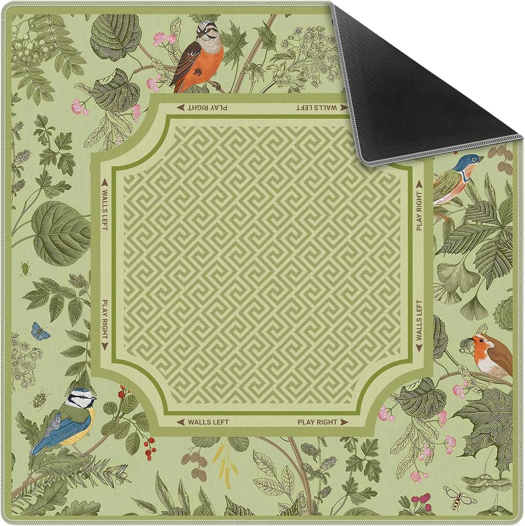 Green Mahjong Mat 31.5 x 31.5 Inch, Cottagecore Botanical Floral Bird Non-Slip Noise Reduction Mahjong Table Mat for American Mah Jong Poker Card Board Games Dominoes