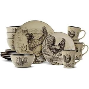 Pfaltzgraff Homespun Rooster 16-Piece Dinnerware Set, Service for 4 Brown