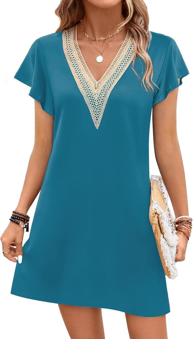 Ekouaer Nightgowns for Women Flare Short Sleeve Sleepshirt Guipure Lace V Neck Sleepwear Soft Pj Dress Night Shirt S-3XL (Blue, S)