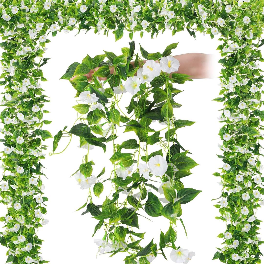Hotop 6 Pcs 7.55 Ft Artificial Morning Silk Glory Vines for Outdoor Fake Hanging Flowers Plants Faux Silk Morning Glory Flower Garland Long Vines for Wall Fence Indoor Wedding Banquet Decor(White)
