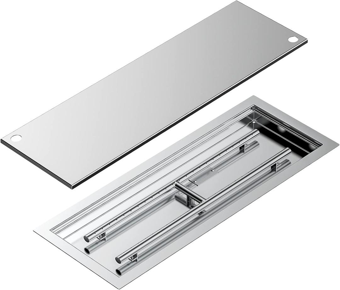 Skyflame Rectangular Stainless Steel Drop-in Fire Pit Pan and Burner with Burner Cover, 30 by 10 Inch Burning Area