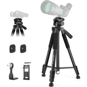 Spotting Scope Tripod, 67" Binocular Tripod with Binocular Adapter, 2 QR Plates, Phone/Tablet Holder & Travel Bag, Compatible with Camera/Phone for Bird Watching, Wildlife Observing (Black)