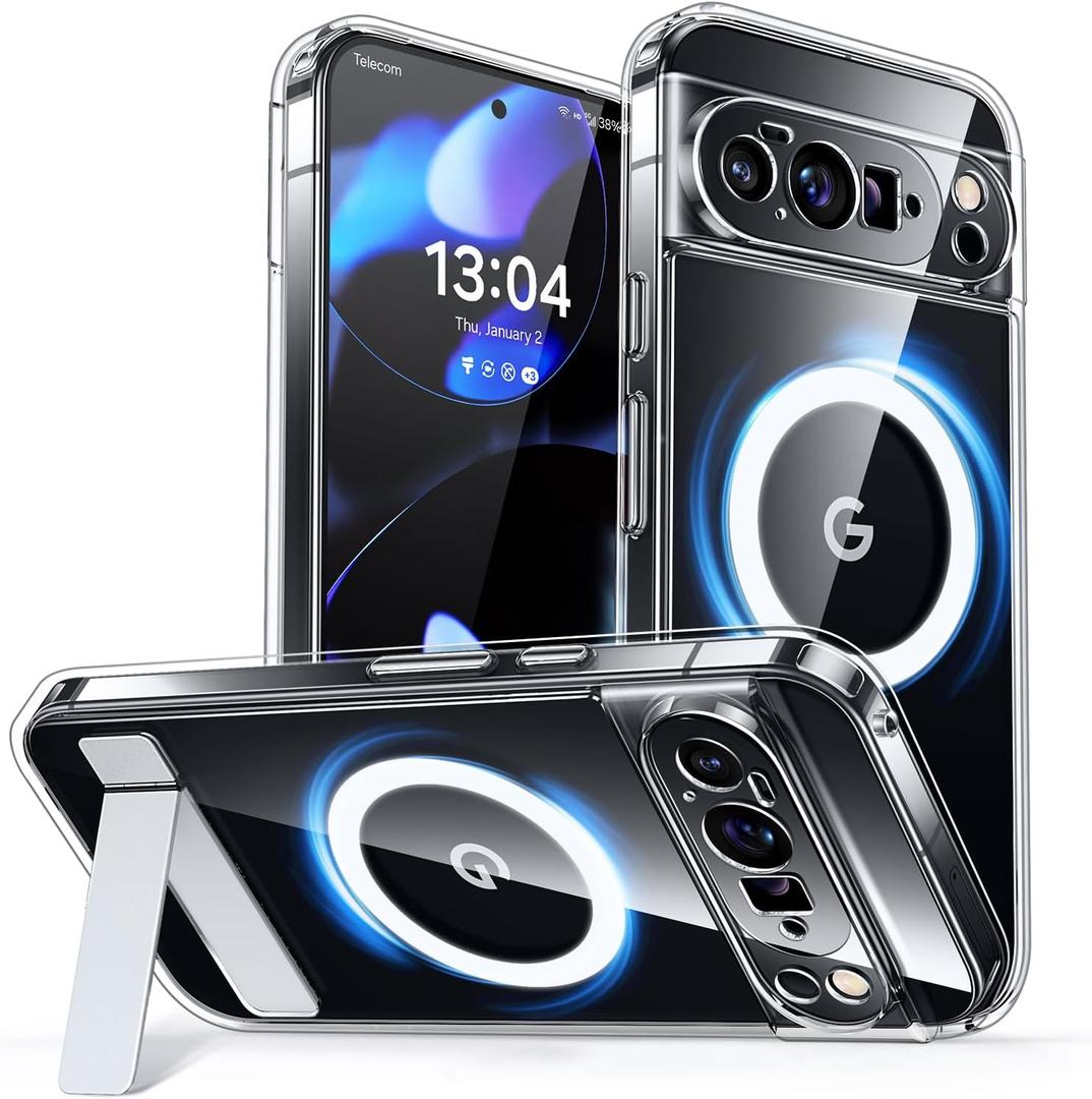 CANSHN Magnetic for Google Pixel 10 Pro XL Case(6.8") with Durable Metal Stand, Upgraded [Full Camera Protection] Transparent Back, Hard Case Cover, Clear