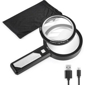Magnifying Glass with Light, USB Rechargeable 5X 10X 15X Handheld Magnifying Glass Double Lens Magnifier 8 Light for Reading Small Prints, Seniors Reading, Books, Map, Coins
