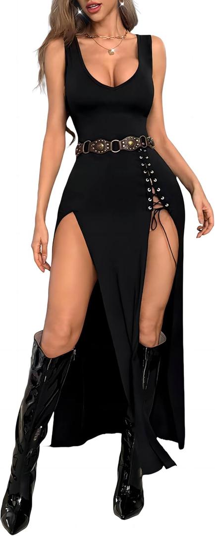 GothDark Vintage Black Goth Dress High Slit V Neck Eyelet Rope Sexy Party Club Dresses (Small)