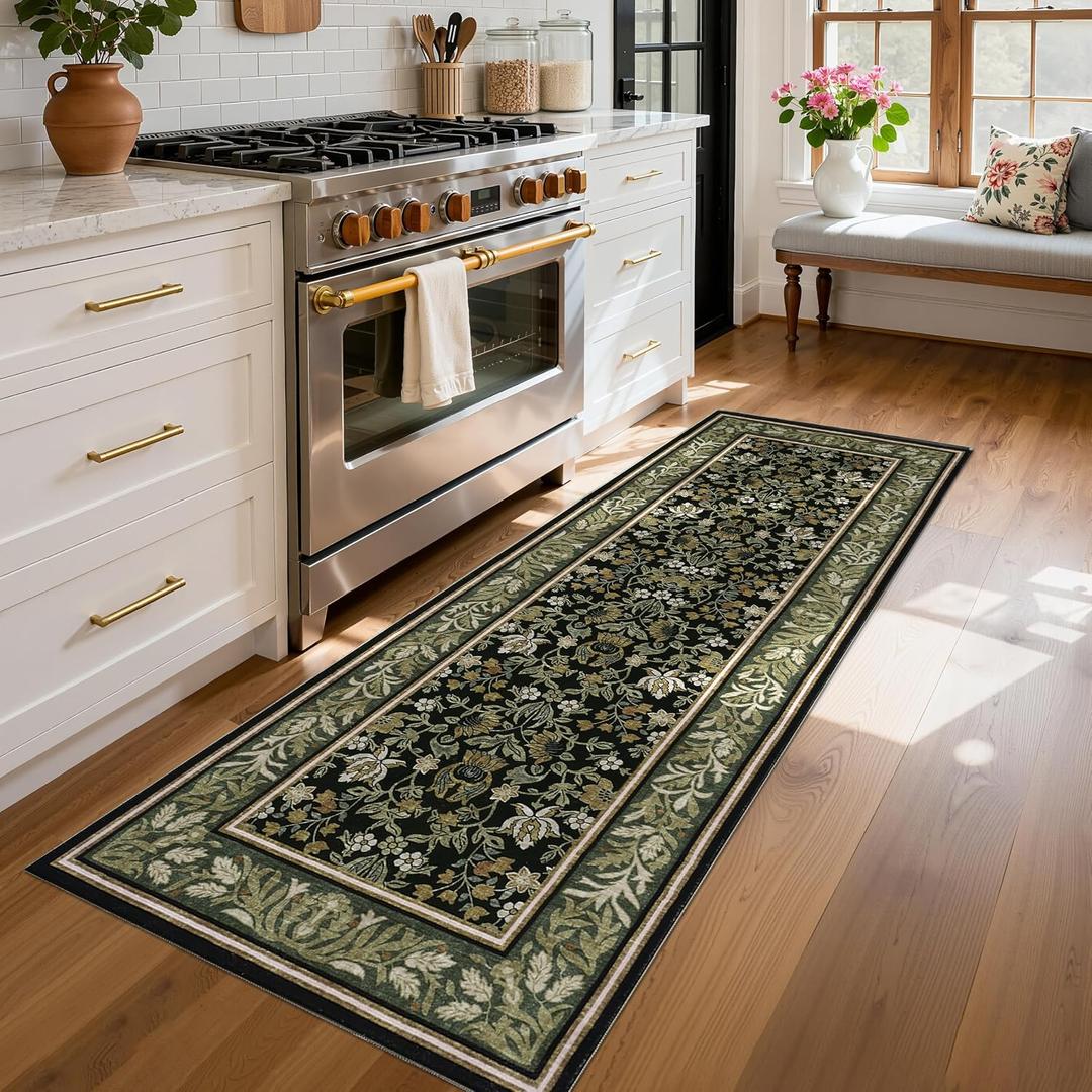 GarveeHome Runner Rugs 2x6 Kitchen Runner Rug Non Slip Washable Runners for Hallways, Boho Vintage Rugs with Rubber Backing Low-Pile Indoor Long Carpet for Entryway Bedroom Green Black