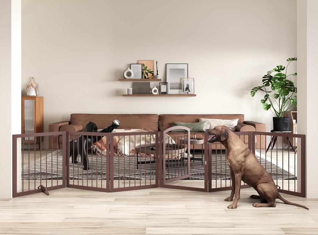 JSB 144-inch Extra Wide 30-inch Tall Dog gate with Door Walk Through, Freestanding Round Tube Pet Gate for Halls Stairs, Puppy Safety Dog Fence with 2PCS Support Feet (Espresso)