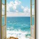 Framed Window Beach Scene Wall Art, Blue Ocean Vertical Coastal Canvas Painting Prints, Summer Seascape Wave Artworks for Living Room Entryway Hallway Office Wall Decor, 24x36 Inch