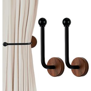 2 Pack Adhesive Curtain Holdbacks no Drill Wood Curtain Tiebacks Wall Mounted Curtain Pull Backs Curtain Tie Backs for Drapes (Black)