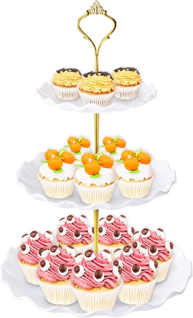 BACUTHY 3 Tier Cupcake Stand Holder, Plastic Cup Cake Stand Towel with Tiered Serving Tray for Cupcakes, Donuts, Fruits and More, White (White)