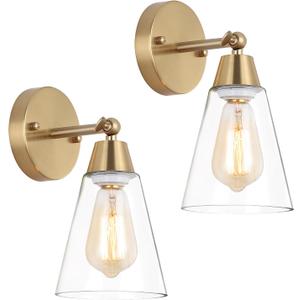 MWZ Gold Wall Sconce Set of 2,Modern Brushed Brass Sconces Lighting with Clear Glass Shade,Bathroom Light Fixtures Over Mirror,Vanity Lights Over Sink,Indoor Wall Mount Adjustable Angle Lamp