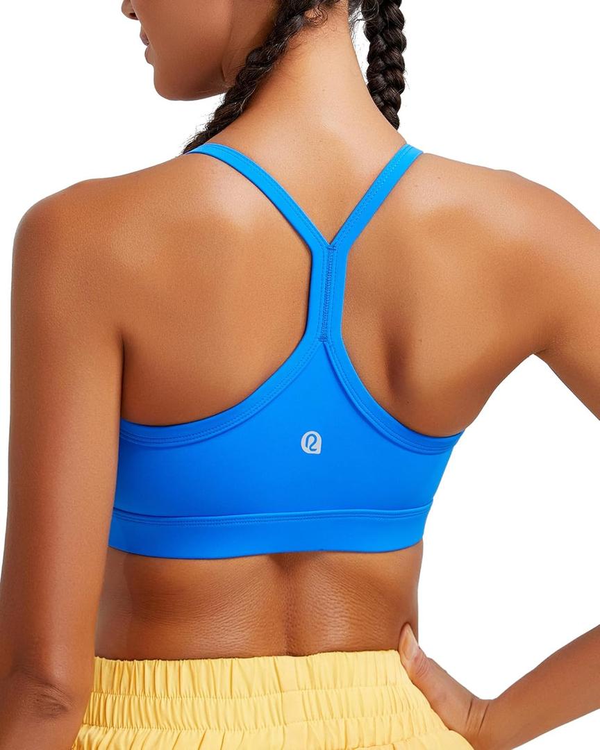 RUNNING GIRL Sports Bra for Women Ruched V Neck - Y Back Spaghetti Thin Strap Wireless Padded Medium Support Yoga Crop Top_WX3094_Blue_S (Blue, S)