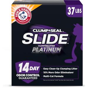 ARM & HAMMER Clump & Seal SLIDE Platinum Multi-Cat Clumping Cat Litter, Easy Clean Technology with No Scrubbing, 14-Day Odor Control, 37 lbs