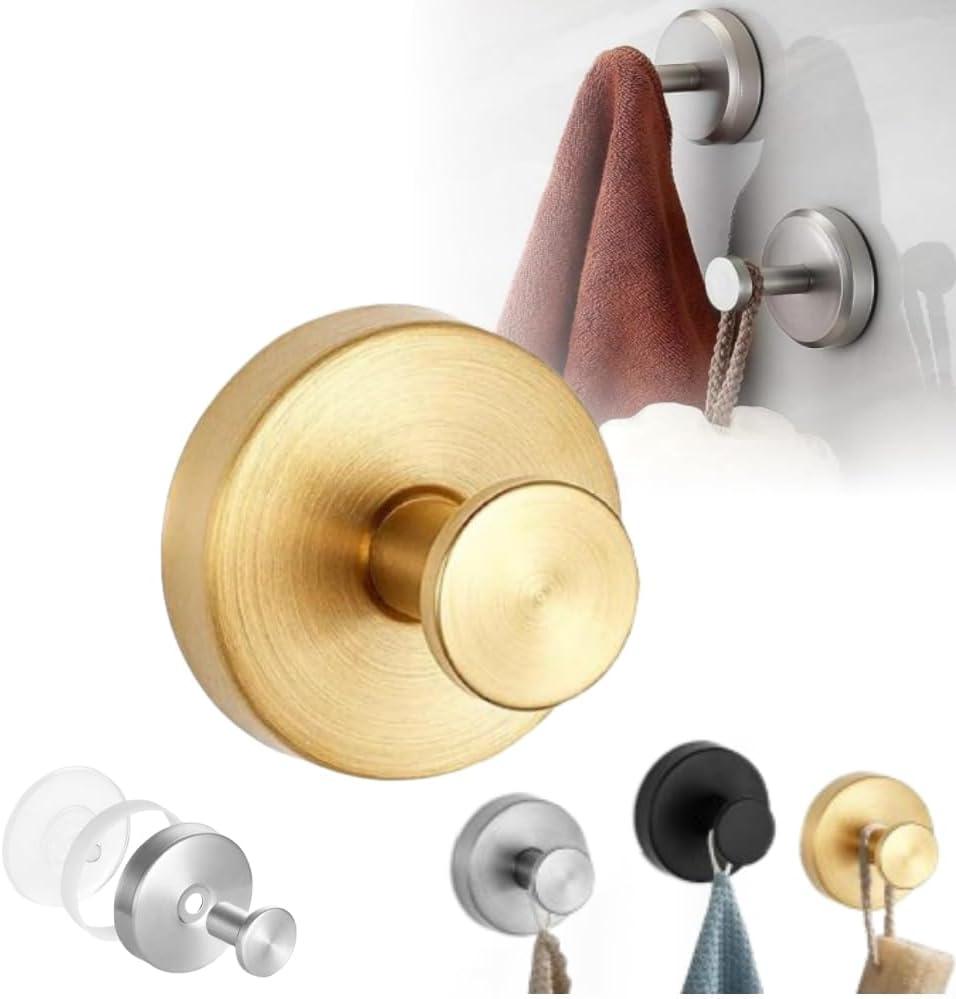 Luxe Hold Upgraded Suction Cup Hooks, Stainless Steel - Gold, Mounts on Glass, Tile, Mirrors - Holds Towels (1PCS) (Gold 1PCS)