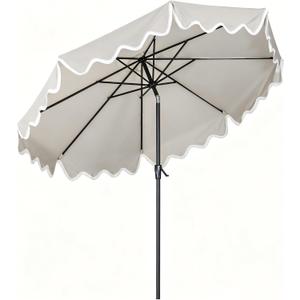 Tempera 9FT Scalloped Tassel Patio Umbrella, Outdoor Market Umbrellas with 8 Sturdy Ribs with Crank & Pust Button Tilt,Fade Resistant Canopy (Beige-Tassles)