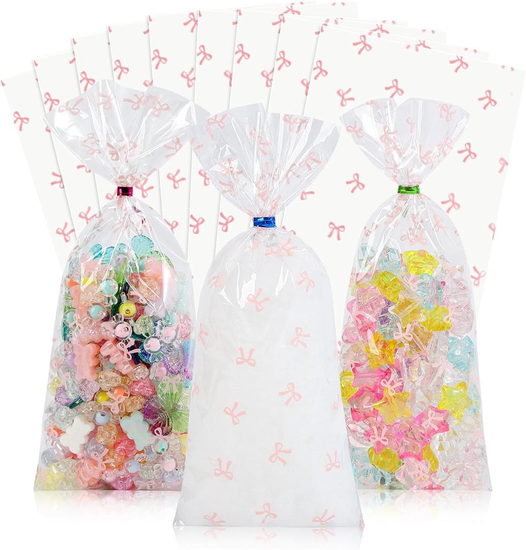 Docvania Cello Cellophane Treat Gift Bags Pink bow Cookie Bags 100 pcs 4 X 9 Goodie Bag with Ties for Mother's Day, Valentine's Day and Parties, Weddings