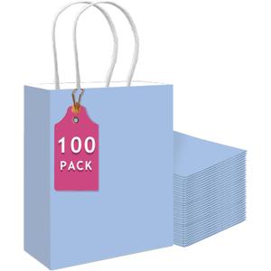 Qiqee 100PCS Gift Bag with Handles Bulk Light Blue Paper Bags Multiple Uses (13''x5 x10 inch Large Size)