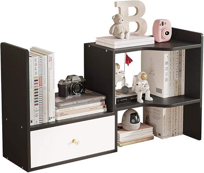 Expandable Wood Desktop Bookshelf, Freestyle Adjustable Wood Display Desk Shelf Counter Storage Rack Top Bookcase for Office & Home (Black)