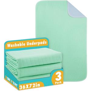 Washable Underpads, 36" x 72", 3 Pack - Heavy Absorbency Reusable Bedwetting Incontinence Pads for Kids, Adults, Elderly, and Pets - Waterproof Protective Pad for Bed, Couch, Sofa, Floor (Green)