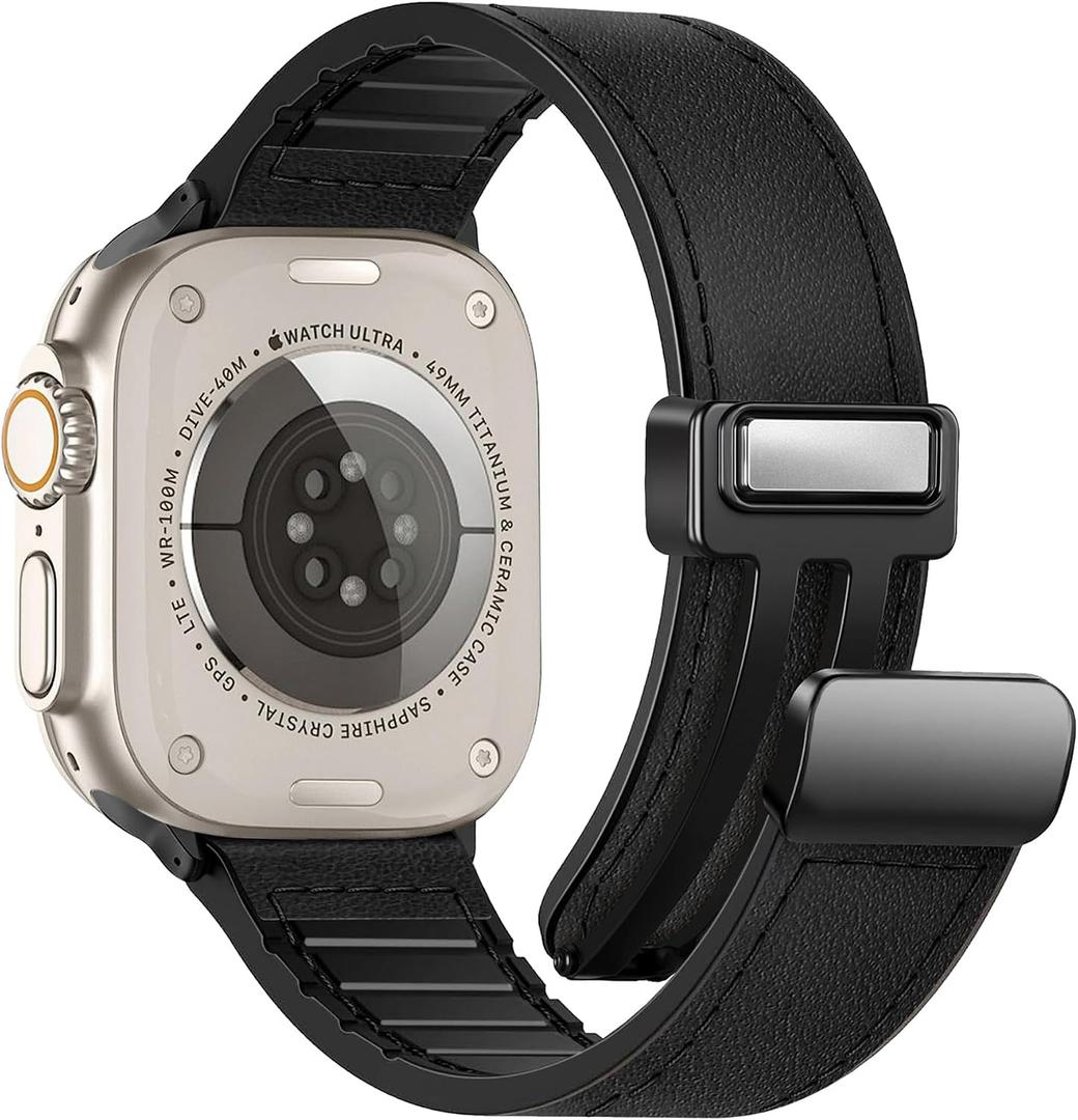 Magnetic Leather Bands Compatible with Apple Watch 42mm(Series 10/11) 41mm 40mm 38mm for Men Women, Genuine Leather with Magnetic Buckle for iWatch Series SE11/10/9/8/7/6/5/4/3/2/1