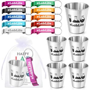 Roshtia 20 Set Lab Week Gift Lablife 2.5 oz Stainless Steel Shot Glasses Keychain Bottle Openers Happy Lab Week Cards Appreciation Gift for Laboratory Workers Office Supplies for Technician