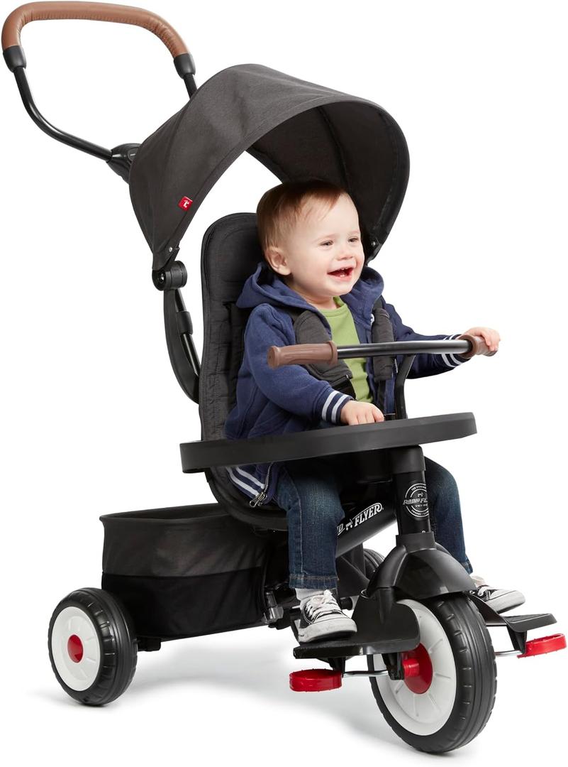 Radio Flyer City 4-in-1 Stroll 'N Trike, Black, for Riders 1-5 Years Old, 4 Riding Modes, 3 Point Harness with Comfort Pad, Parent Controlled Steering, Rear Storage, Stroller Tricycle for Toddlers, Large