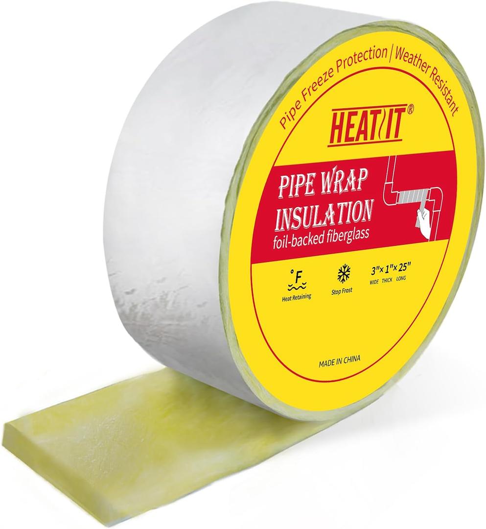 HEATIT Foil-Backed Fiberglass Pipe Wrap, Pipe Insulation Wrap for Outdoor,Foam Wrap for Freezing Weather Protection,3" Wide x 1" Thick x 25' Long (2Pack)