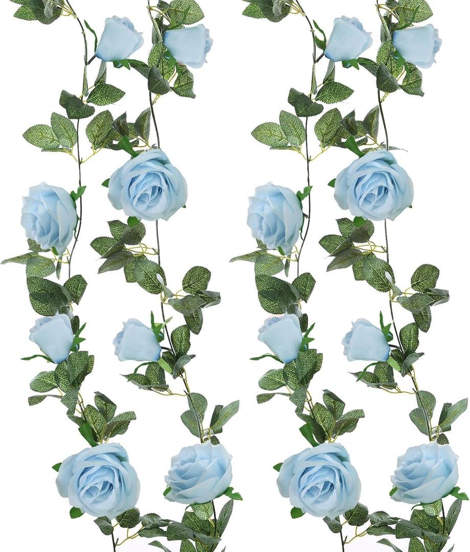Felice Arts 2 Pack Light Blue Artificial Floral Garland Each 6.5FT Fake Rose Vine Hanging Spring Garland for Wedding Flowers Table Arrangement Room Teepee Mirror Decor