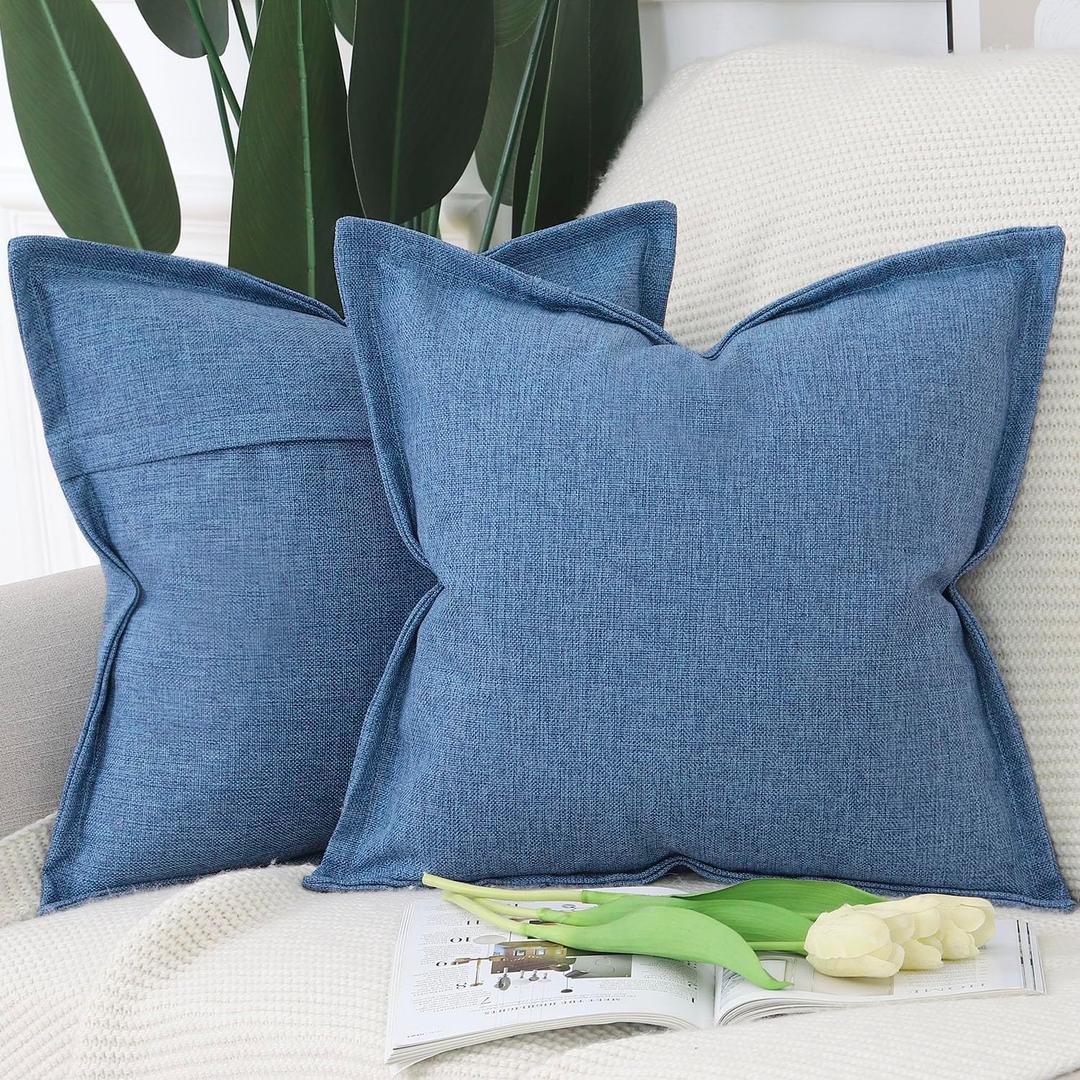 MADIZZ Pack of 2 Faux Rustic Linen Throw Pillow Covers with Flange Edge Soft Boho Natural Decorative Pillowcases for Sofa Living Room Modern Throw Pillows for Bed 20x20 Inch Denim Blue