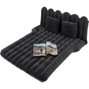 SUV Air Mattress with Cup & Phone Holder, Flocked-Top Car Mattress with 2 Air Pillows & Electric Air Pump, Perfect for Camping, Travel, and Road Trips (Black)