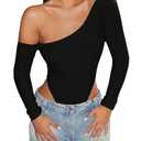 SweatyRocks Women's One Shoulder High Cut Long Sleeve Skinny Bodysuit Leotard Tops Black Small