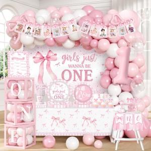 Pink Bow 1st Birthday Decorations, 271Pcs Girls Just Wanna Be One Birthday Decorations All-in-1 Kit with Tableware,Balloon Arch,Backdrop,Banner,Balloon Boxes,High Chair Banner,Cupcake Toppers,1st Hat