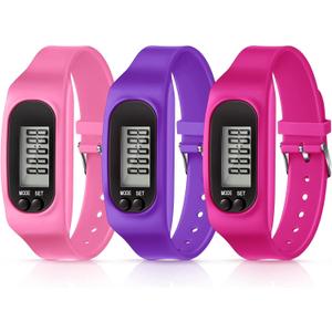 Silicone Fitness Tracker Watch 3 Pcs Walking Running Pedometer Calorie Burning and Step Counting Bracelet Steps Pedometer Watch for Walking Men Women Kids (Pink, Purple, Rose)